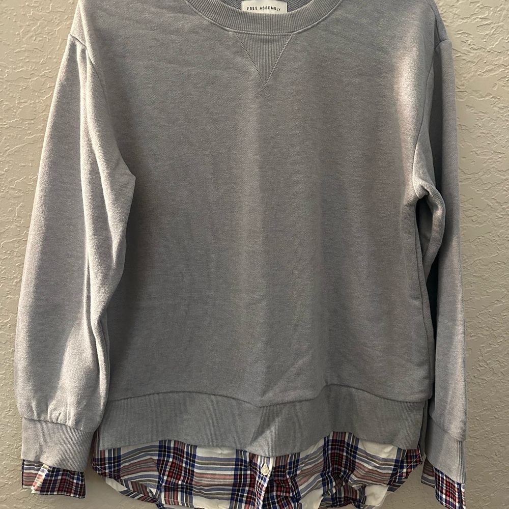 Free Assembly Crewneck Mixy Sweatshirt Gray Plus Faux Layer Plaid XS